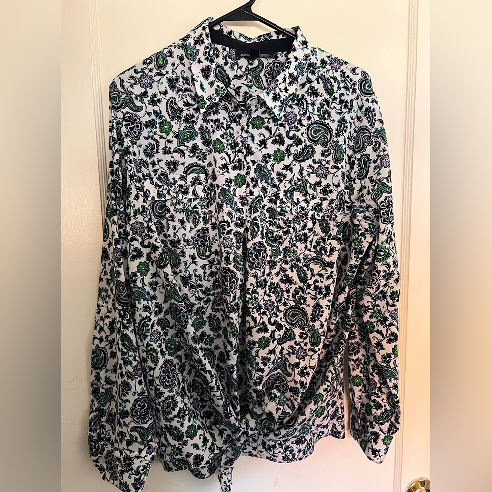Jones New York Paisley button front tie blouse XL